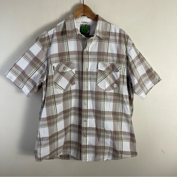 Timberland Mens short sleeve plaid tan green cotton snap closure button down top - Picture 1 of 10